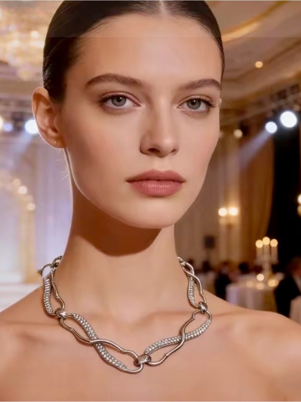 NEW Infinity Chain Link Collar Necklace Molten Metal Silver Clear SB18